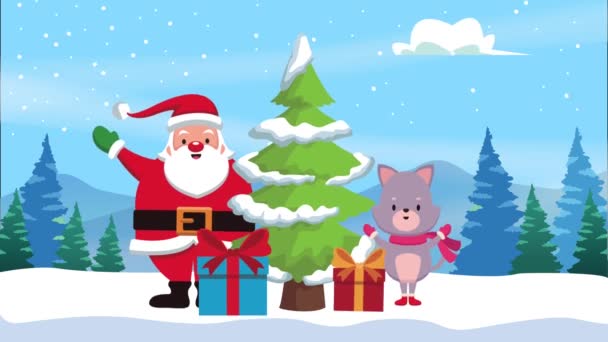 Frohe Weihnachten Weihnachtsmann mit Geschenken und Kiefer — Stockvideo