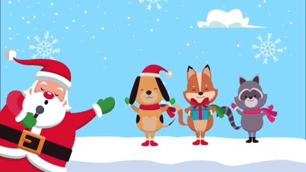 Glad god jul animation med Santa claus och djur grupp — Stockvideo