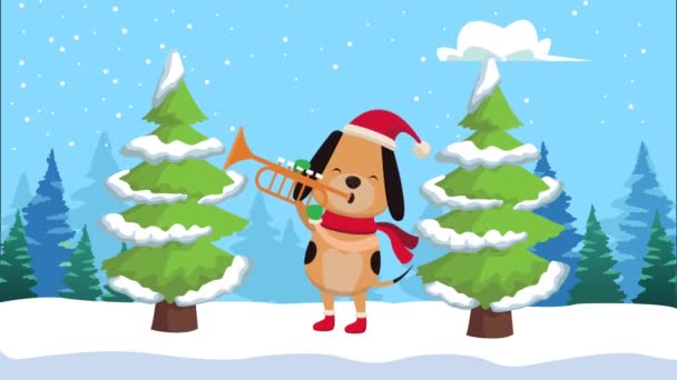 かわいい犬と松の木と幸せなメリークリスマスのアニメーション — ストック動画