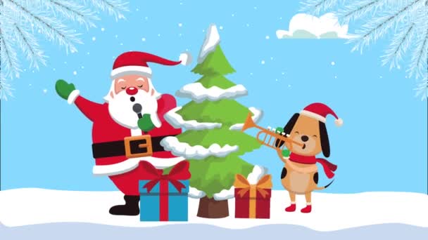 Glad God Jul Tomte Klo med hund och gåvor i tall — Stockvideo