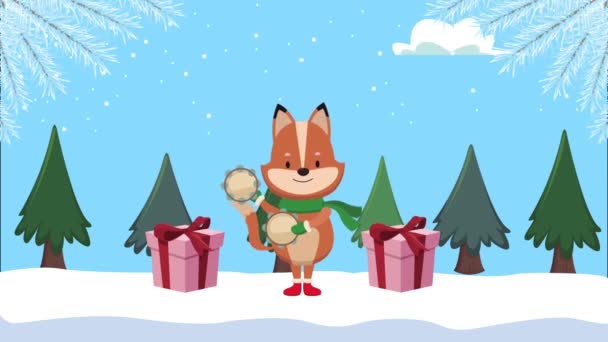 Frohe Weihnachten Animation mit Fuchs spielt Tamburin und Geschenke — Stockvideo