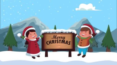 Mutlu Noel animasyonları. Kar manzaralı çiftler.