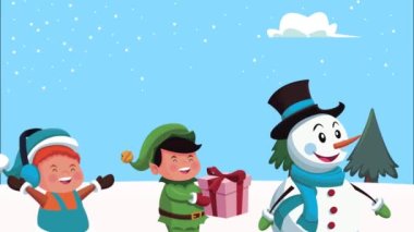 Kardan adam ve küçük çocuklarla mutlu noel animasyonları