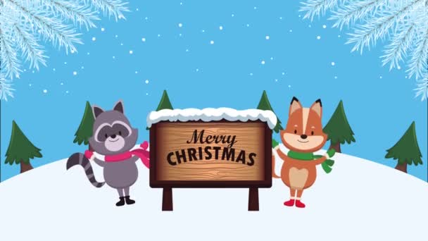 Joyeuse animation de Noël avec renard et raccon dans le paysage de neige — Video