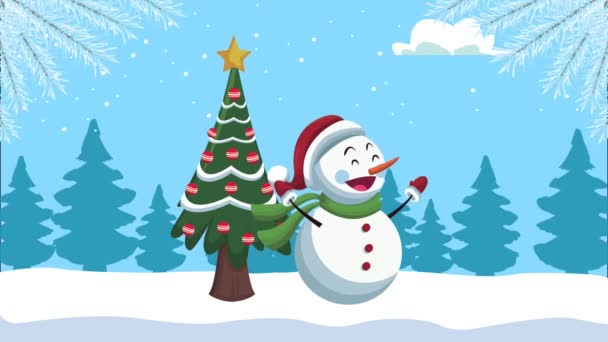 Feliz Navidad muñeco de nieve y pino en el paisaje de nieve — Vídeos de Stock