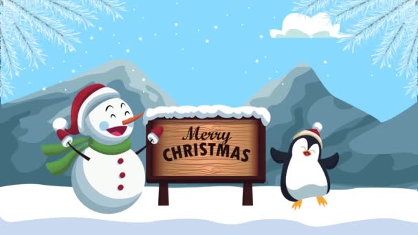 Gelukkig vrolijk kerstmis sneeuwman en pinguïn in snowscape — Stockvideo
