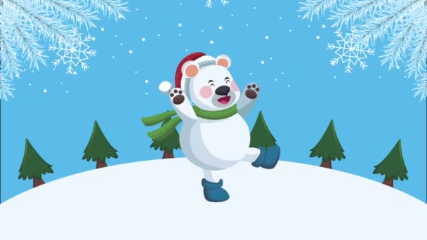Szczęśliwy Wesołych Świąt niedźwiedź polarny w śniegu — Wideo stockowe