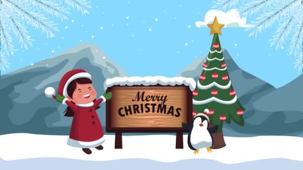 Gelukkig vrolijk kerstmis animatie met meisje en pinguïn — Stockvideo