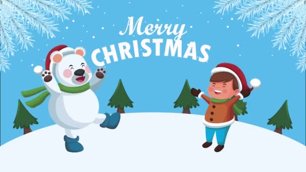 Щасливий веселий різдвяний полярний ведмідь і маленький хлопчик у сніжному пейзажі — стокове відео