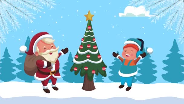 Felice Natale Babbo Natale e elfo in pino — Video Stock