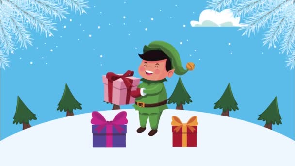 Glad god jul animation med alv och gåvor — Stockvideo