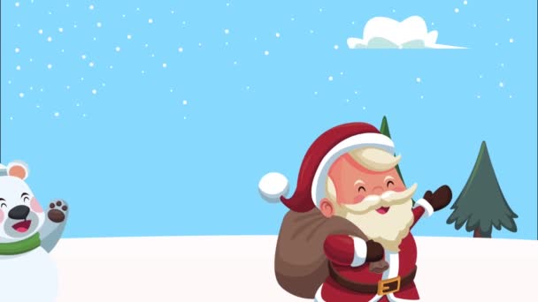 Щасливий веселий різдвяний Санта Клаус з білим ведмедем — стокове відео