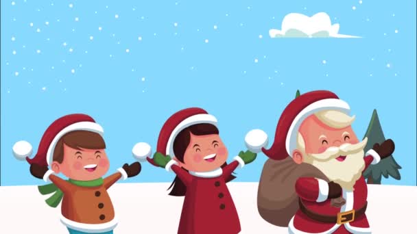 Gelukkig vrolijk kerstmis kerstman en kinderen in snowscape — Stockvideo