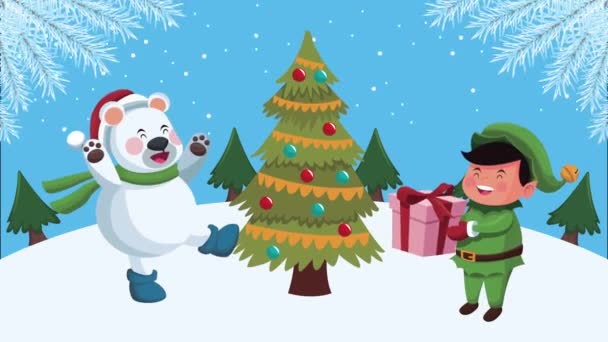 Щаслива весела різдвяна анімація з ельфом і білим ведмедем на сосновому дереві — стокове відео