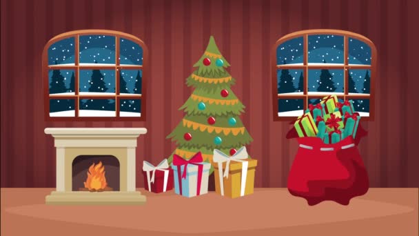 Щаслива весела різдвяна анімація з сосновим деревом і подарунковою сумкою в будинку — стокове відео