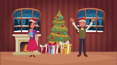 Mutlu noel animasyonları. Evde anne-baba ve bebek var.