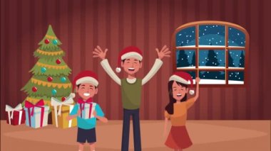 Baba ve çocuklarla mutlu noel animasyonları.