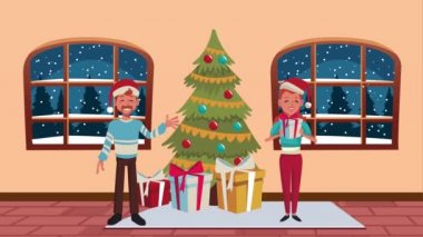 Ebeveynler ve çam ağacıyla mutlu noel animasyonları.
