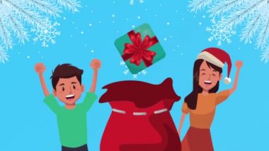 Mutlu noel animasyonları Küçük çocuklar ve hediye çantaları