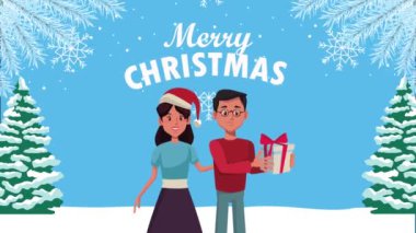 Mutlu noeller. Kar manzaralı bir çiftle mutlu animasyonlar.