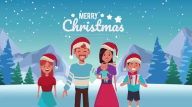 Mutlu noeller. Mutlu animasyonlar. Kar manzarasında Noel Baba şapkası takan bir aileyiz.
