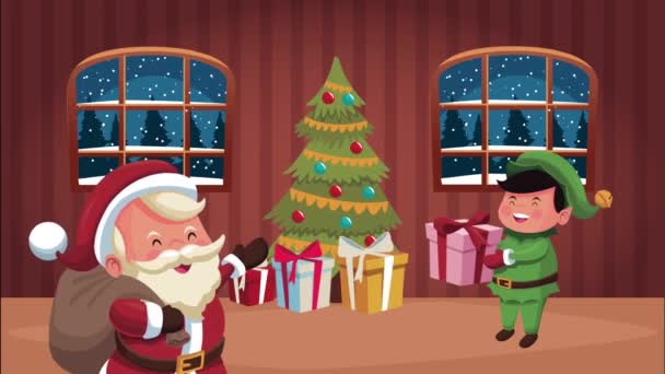 Selamat hari Natal Santa Claus dengan elf dan hadiah di rumah — Stok Video