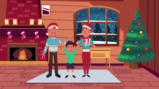 Feliz animação de Natal feliz com os pais casal e filho na casa — Vídeo de Stock