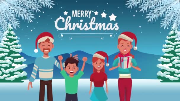 Heureux joyeux Noël lettrage animation avec la famille portant santa chapeau — Video