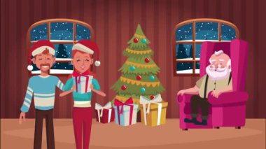 Mutlu noel animasyonları. Ebeveynler ve Noel Baba kanepede oturuyor.