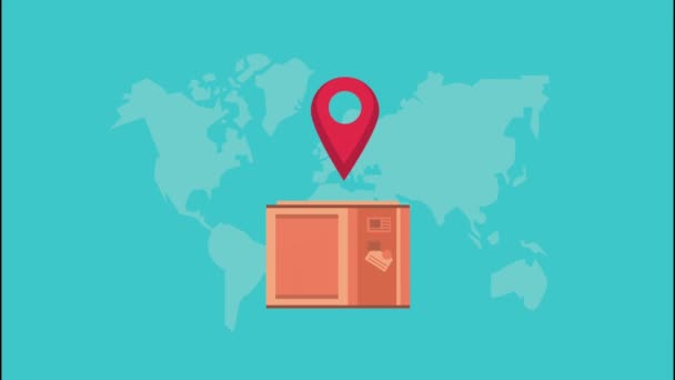 Levering logistieke dienst met boog en pin locatie in kaart — Stockvideo
