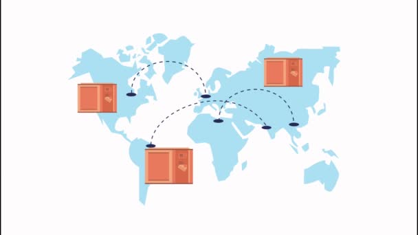 Servicio logístico de entrega con cajas en mapas de tierra — Vídeos de Stock