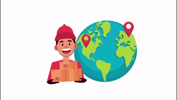 Consegna servizio logistico con pianeta terra e scatola di sollevamento dei lavoratori — Video Stock
