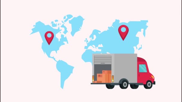Levering logistieke dienst met vrachtwagen en pinnen locatie in aarde kaarten — Stockvideo