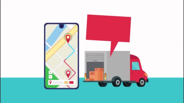 Levering logistieke dienst met kaart in smartphone en vrachtwagen — Stockvideo