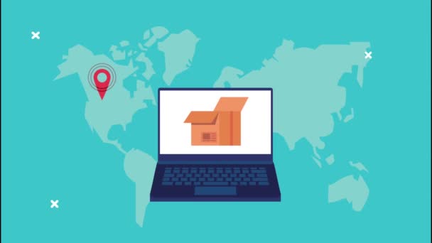 Consegna servizio logistico con pianeta mondiale e scatole in laptop — Video Stock