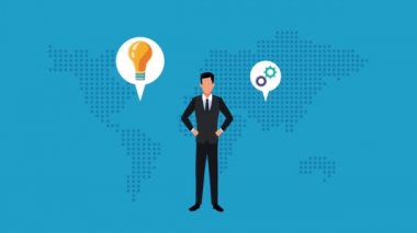 Dünya Gezegeni animasyonunda başarı simgelerine sahip zarif iş adamı