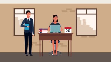 Ofis animasyonunda çalışan zarif iş çifti.