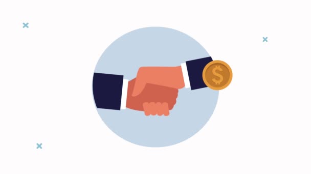 Бізнес рукостискання укладено угоду і монети доларів успішна анімація — стокове відео