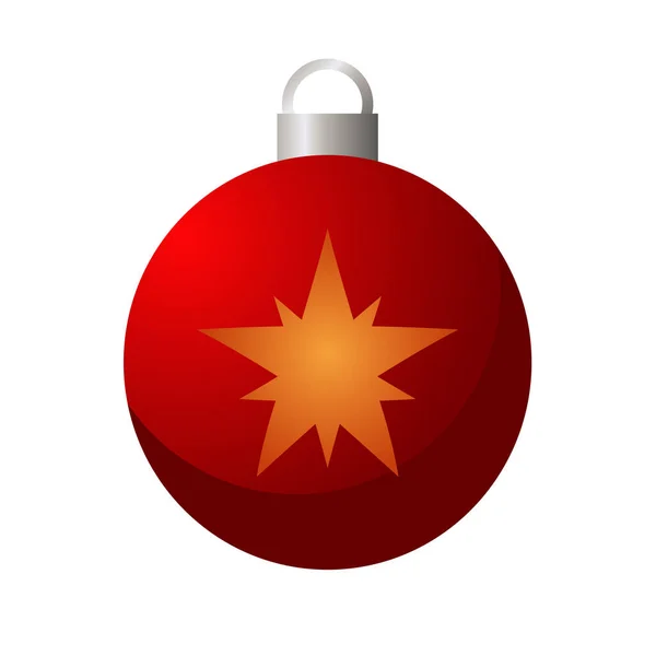 Счастливого Рождества красный шар с золотой звездой висит икона — стоковый вектор