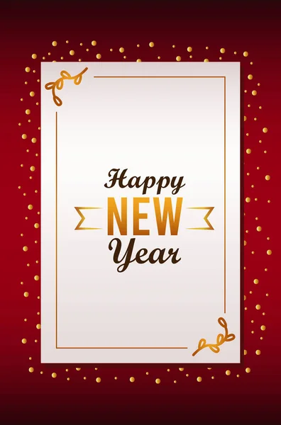 Kırmızı arka planda altın kurdeleli mutlu yeni yıl harf kartları — Stok Vektör