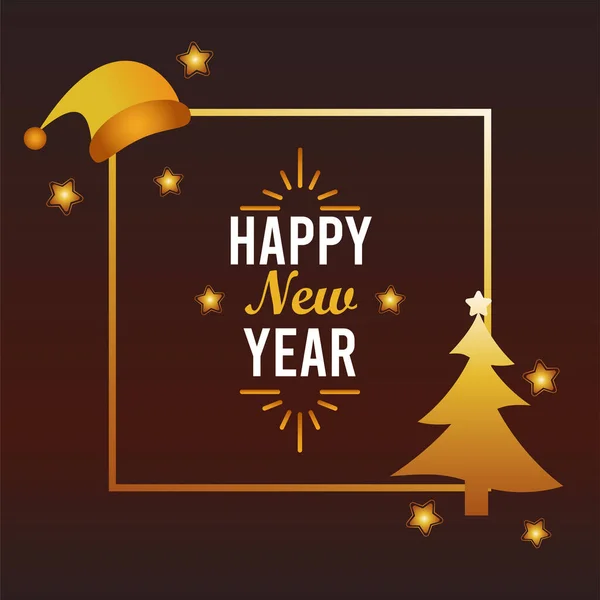 Szczęśliwego Nowego Roku kartka z kapeluszem Mikołaja i sosny złoty — Wektor stockowy