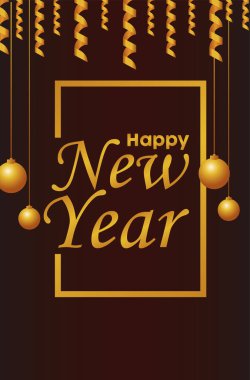 Mutlu yeni yıl kartı, çelenkler ve toplar asılı.