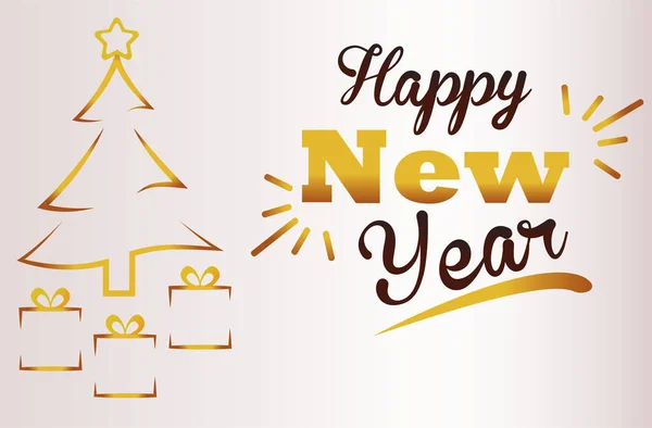 Feliz ano novo lettering cartão com pinheiro dourado — Vetor de Stock