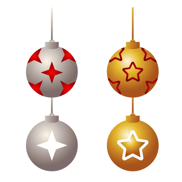 Paquete de cuatro bolas feliz feliz feliz Navidad conjunto de iconos — Vector de stock