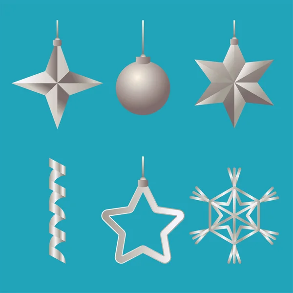 Bündel mit sechs silbernen frohen Weihnachten Set Ikonen — Stockvektor