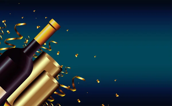 Ευτυχισμένο το νέο έτος κάρτα με μπουκάλι σαμπάνια και φλιτζάνια — Διανυσματικό Αρχείο