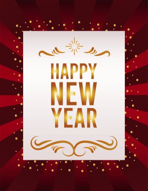 Mutlu yeni yıl harf kartları güneş patlaması kırmızı arkaplan