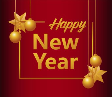 Kare çerçevesinde yıldızlar ve toplar olan mutlu yeni yıl harf kartları