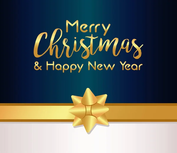 Feliz Navidad y feliz año nuevo tarjeta de letras de oro con cinta de lazo — Vector de stock