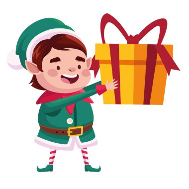 Sarı hediyeli şirin Noel Baba yardımcısı karakter.